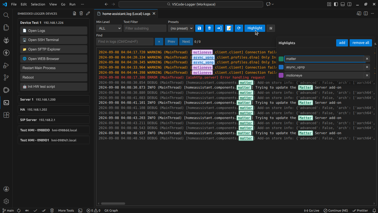 Log panel screenshot
